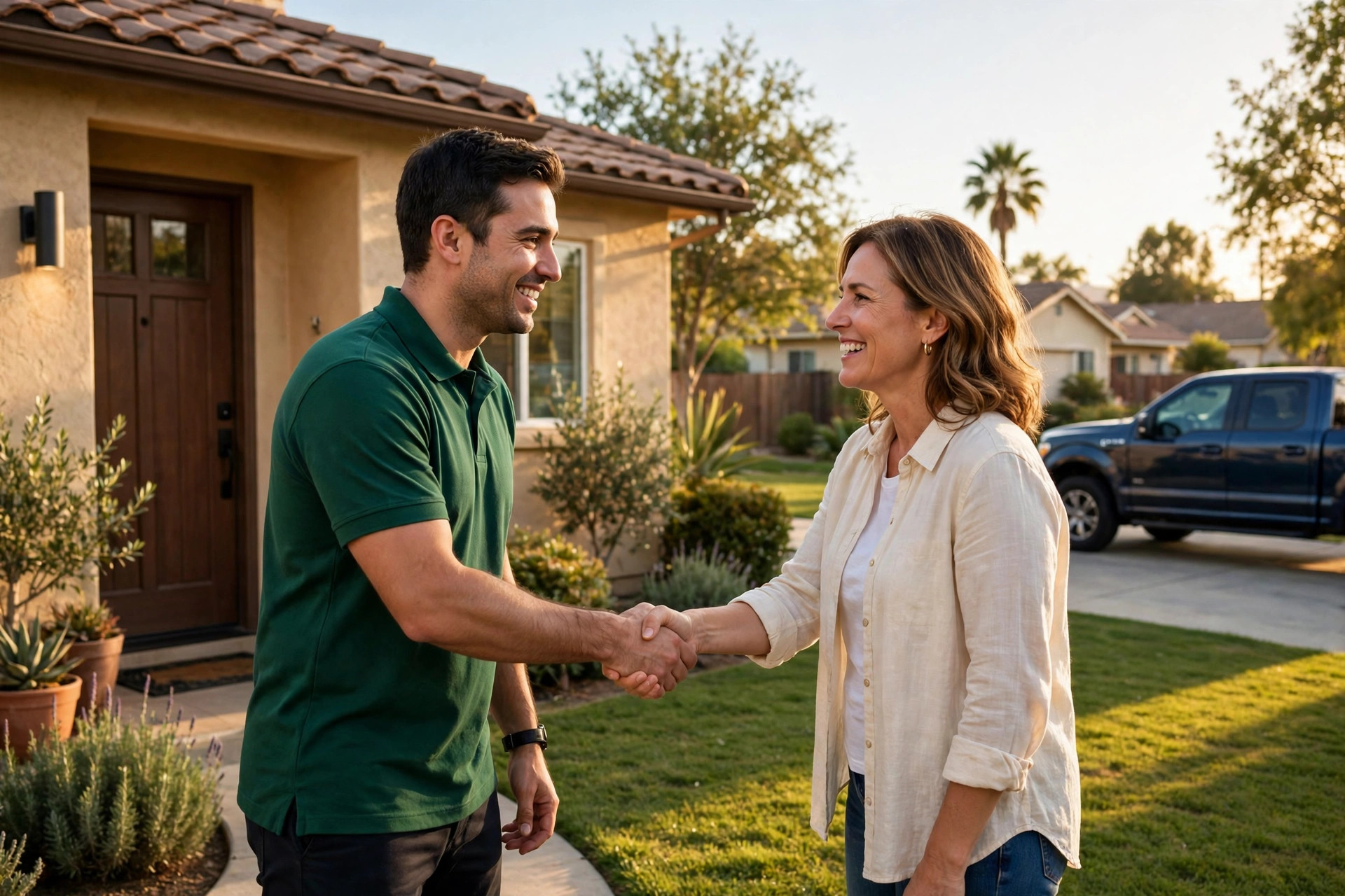 A GoodNeighbor Pro shaking hands with a Bakersfield homeowner at her front door